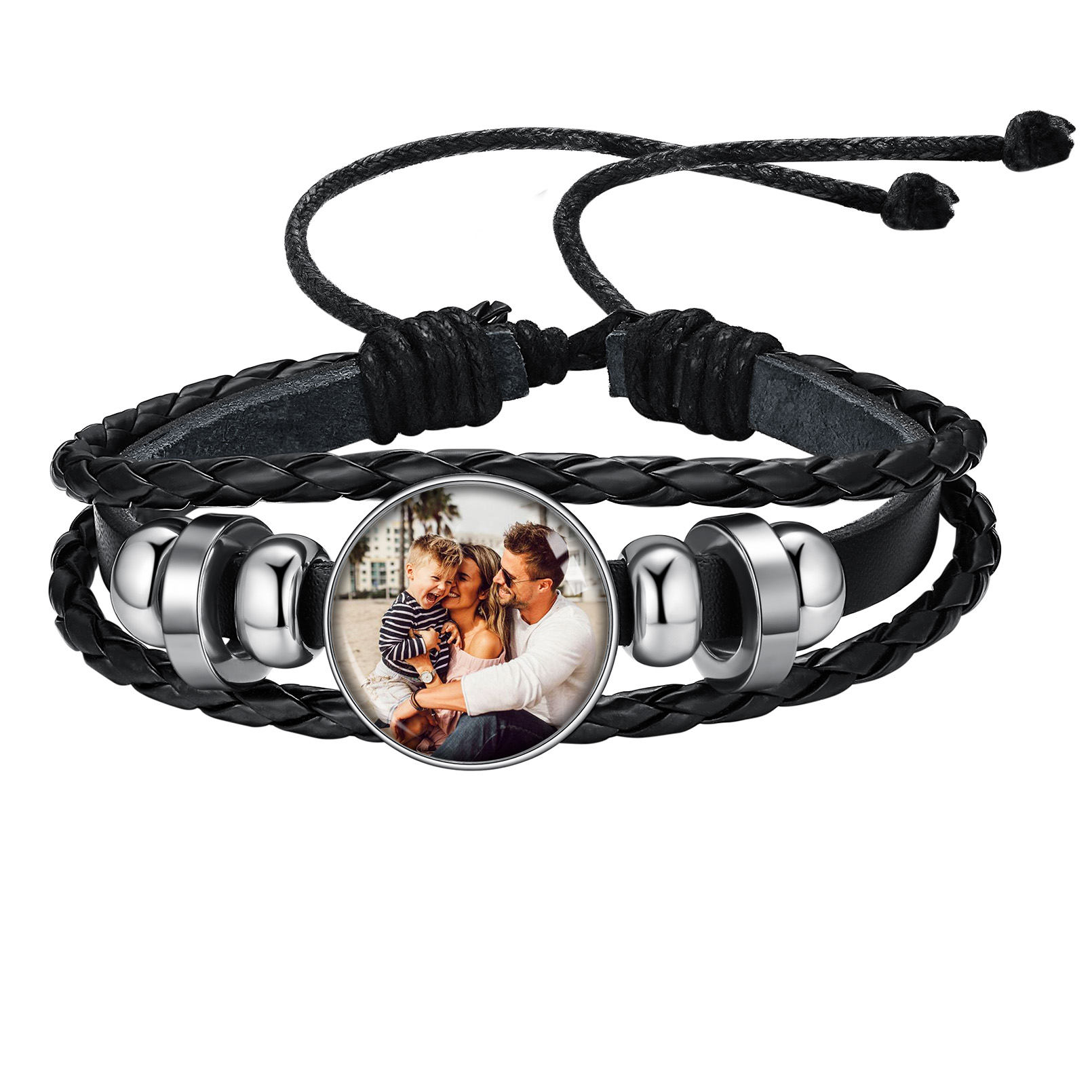 Personalized Braided Leather Photo Bracelet with Picture