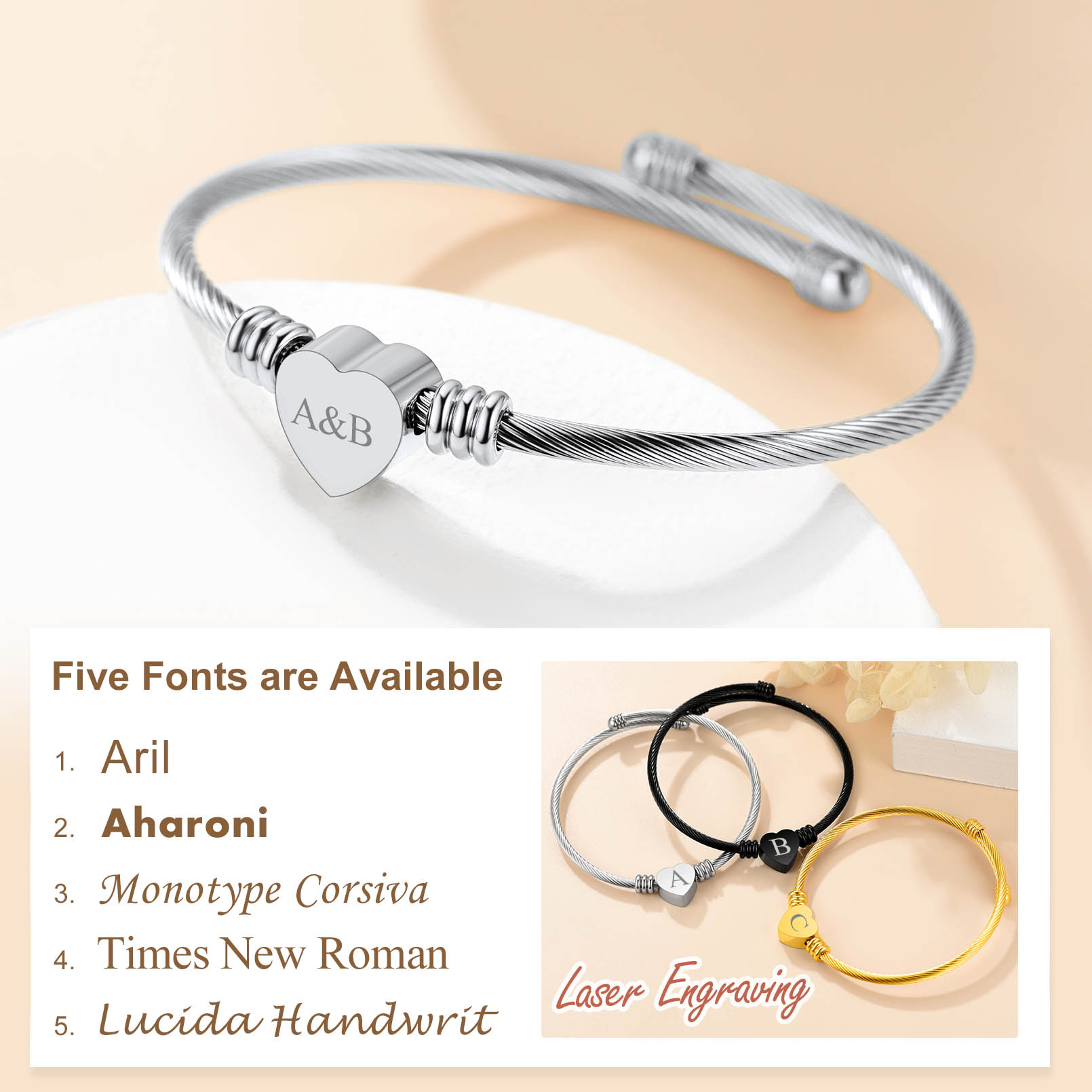 Custom Name Engraved Bangle Cuff Bracelet for Women 5 fonts