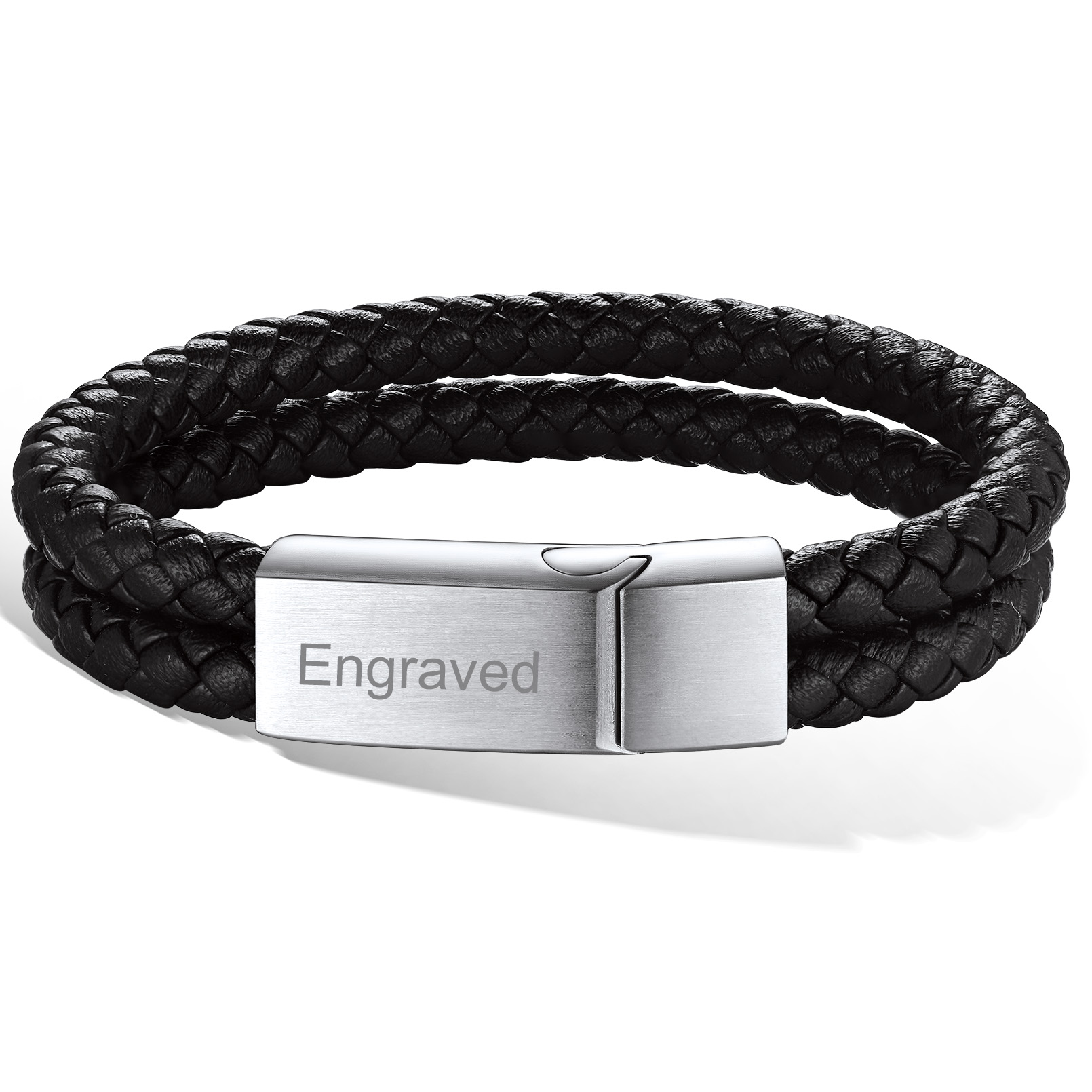 Custom Engraved Double Braided Leather Bracelet for Men silver