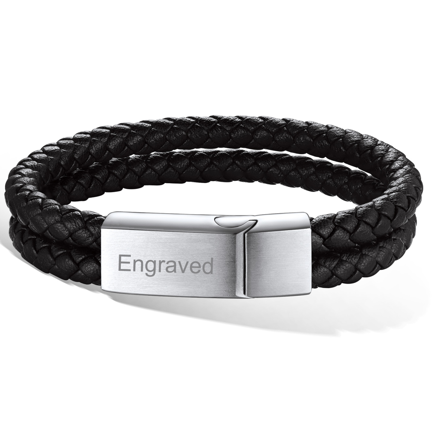 Custom Engraved Double Braided Leather Bracelet for Men silver