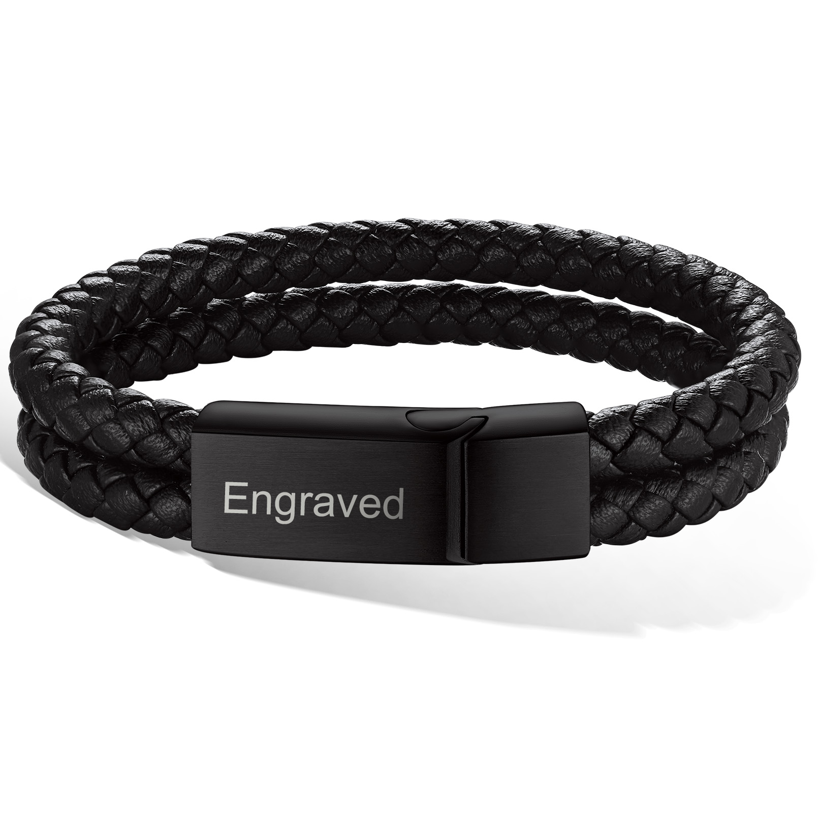 Custom Engraved Double Braided Leather Bracelet for Men black