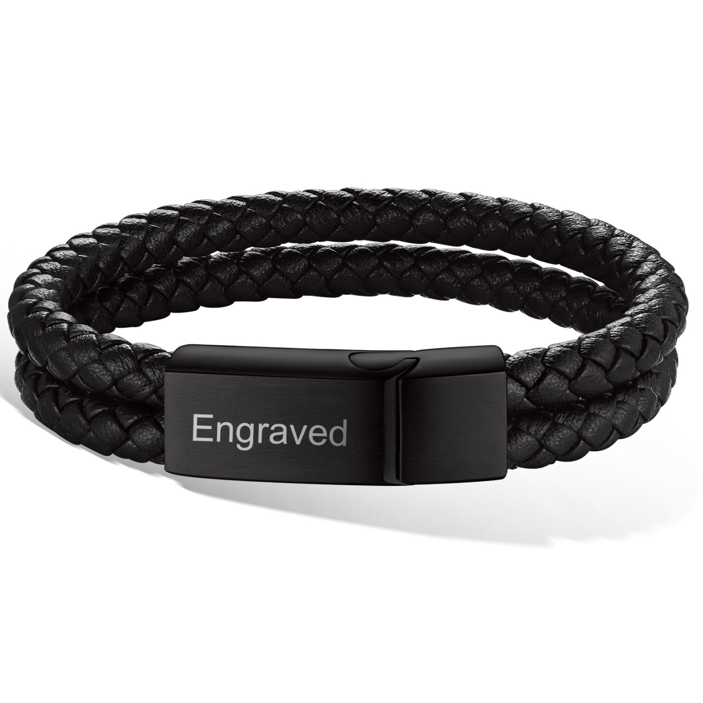 Custom Engraved Double Braided Leather Bracelet for Men black