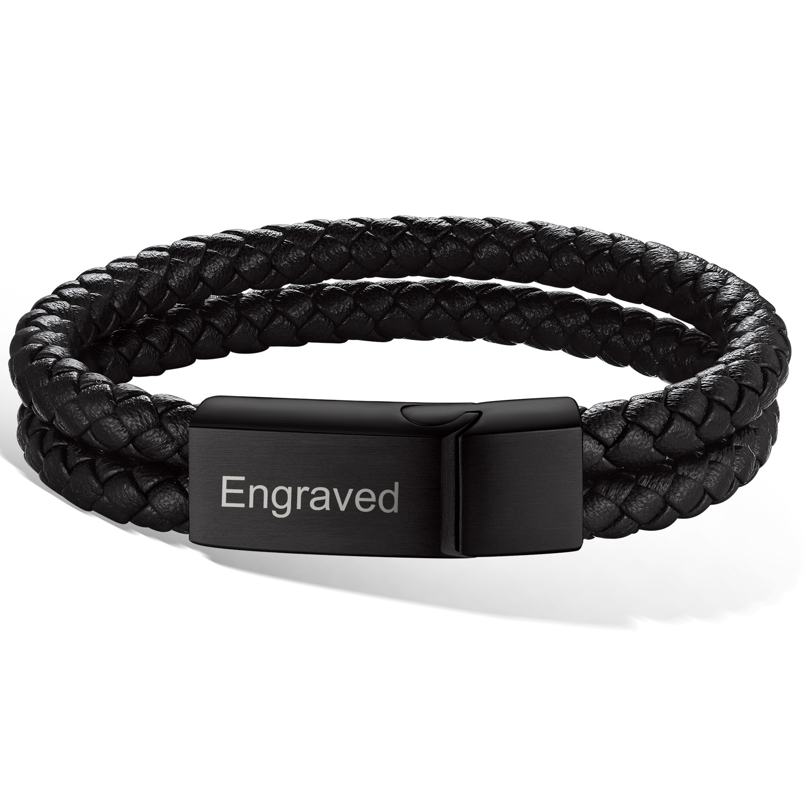 Custom Engraved Double Braided Leather Bracelet for Men black