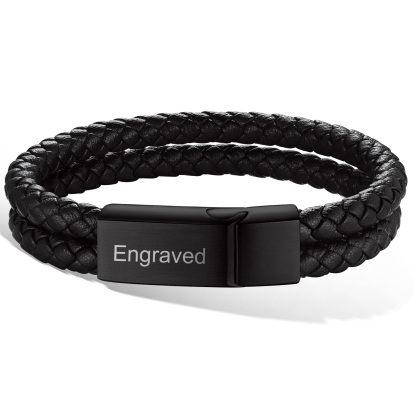 Custom Engraved Double Braided Leather Bracelet for Men black