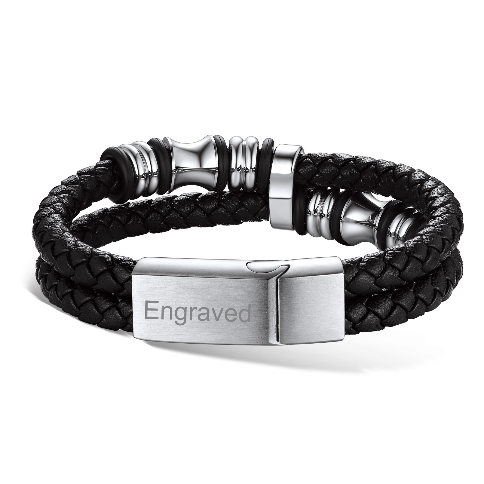 Custom Double Row Black Leather Wristband Cuff Bracelet for Men silver