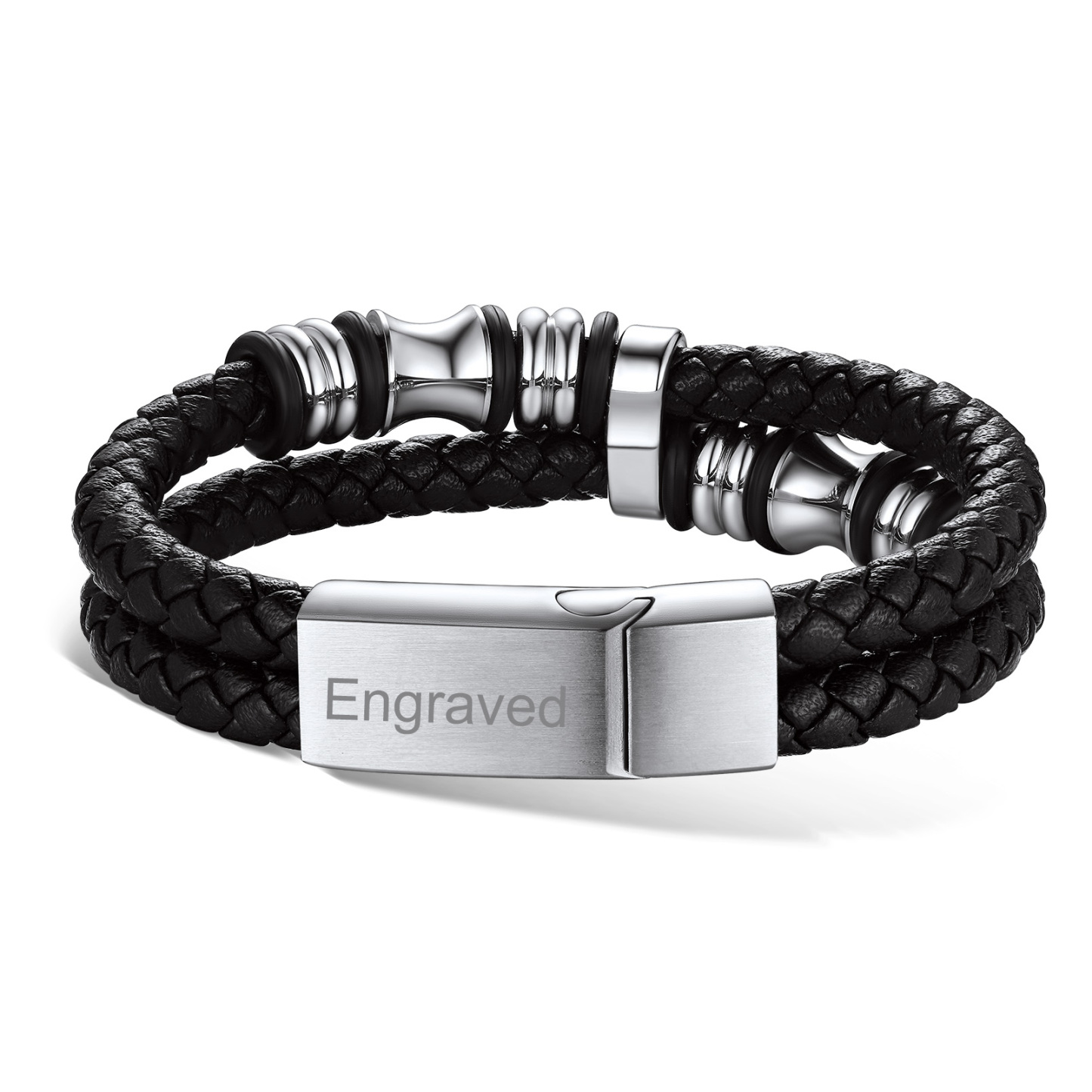 Custom Double Row Black Leather Wristband Cuff Bracelet for Men silver