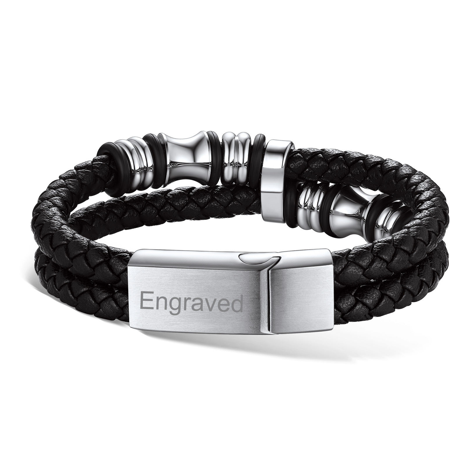 Custom Double Row Black Leather Wristband Cuff Bracelet for Men silver