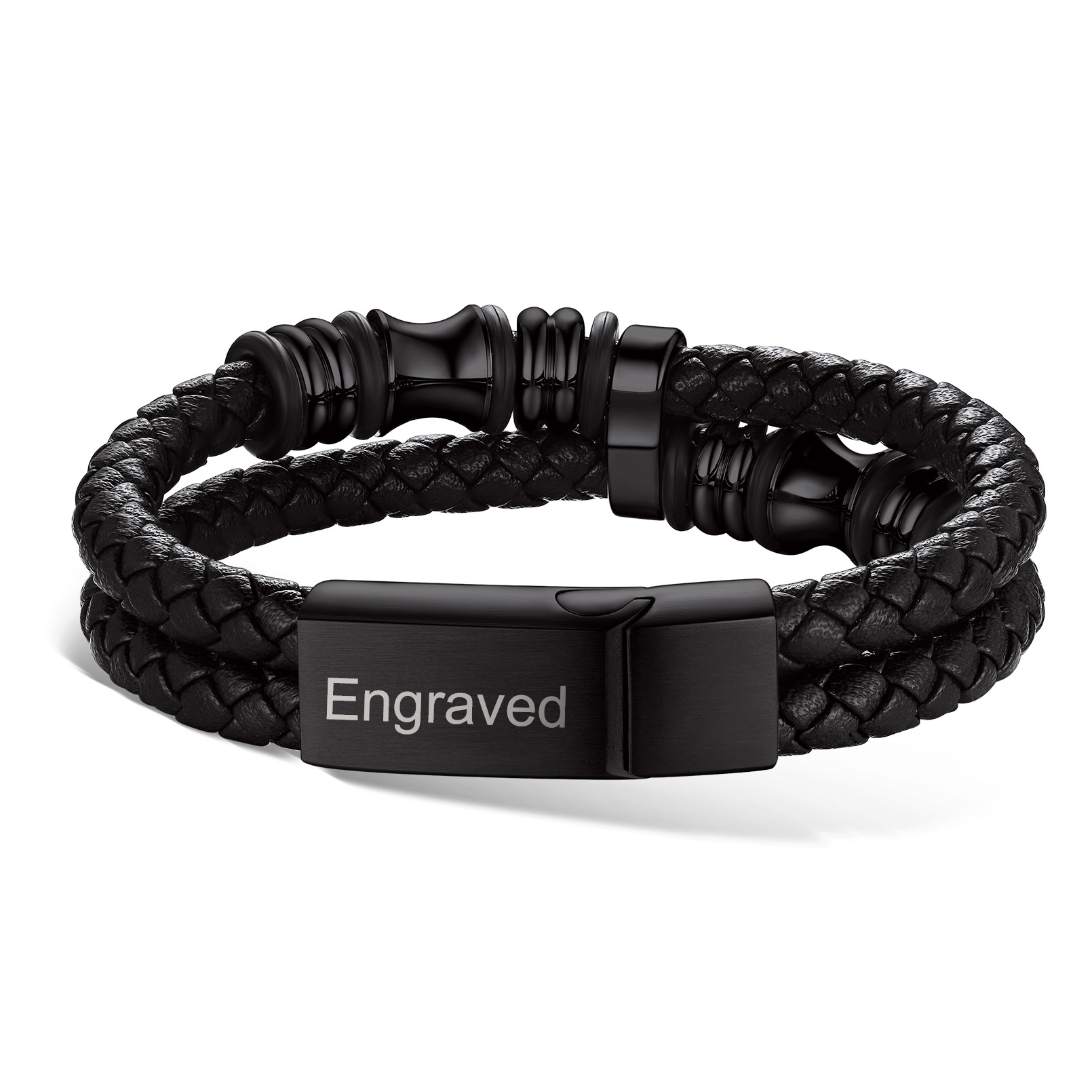 Custom Double Row Black Leather Wristband Cuff Bracelet for Men black