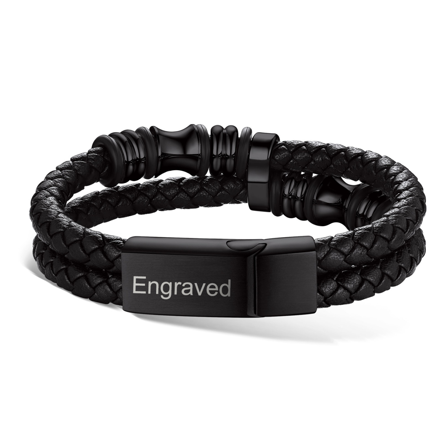 Custom Double Row Black Leather Wristband Cuff Bracelet for Men black