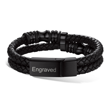 Custom Double Row Black Leather Wristband Cuff Bracelet for Men black