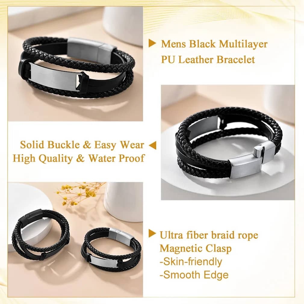 Custom Engraved Black Braided Leather Cord Bracelet for Men detail