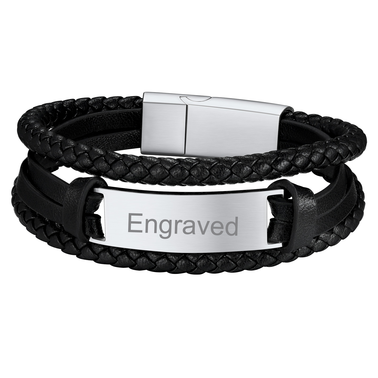 Custom Engraved Black Braided Leather Cord Bracelet for Men silver