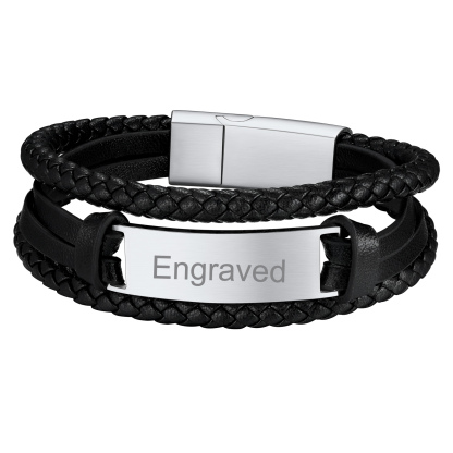 Custom Engraved Black Braided Leather Cord Bracelet for Men silver