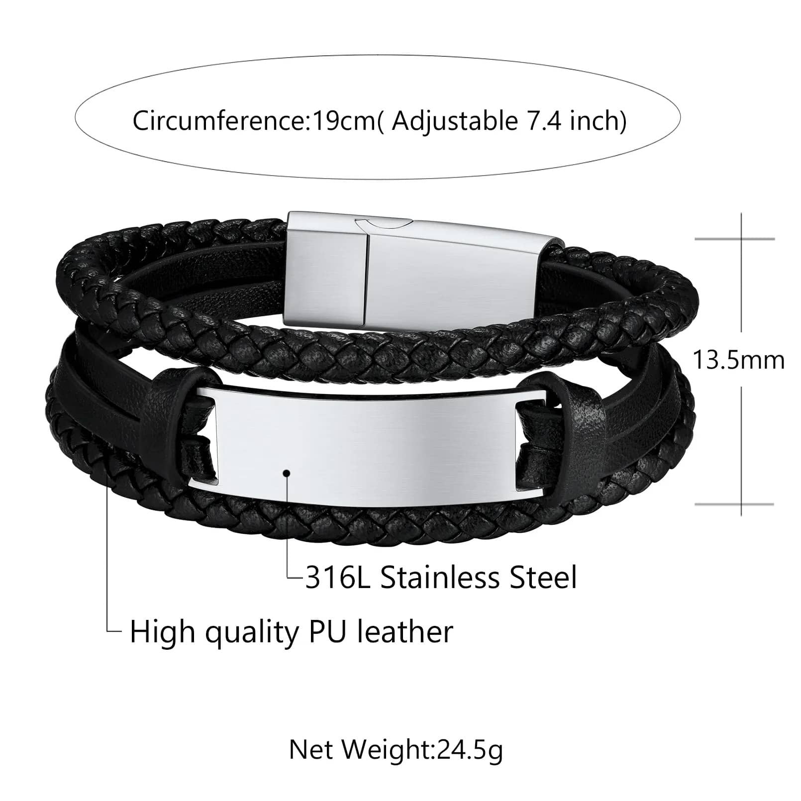 Custom Engraved Black Braided Leather Cord Bracelet for Men size