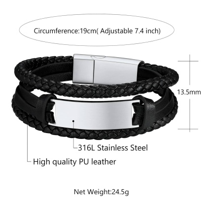 Custom Engraved Black Braided Leather Cord Bracelet for Men size