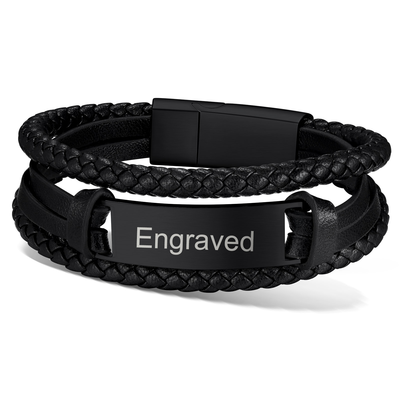 Custom Engraved Black Braided Leather Cord Bracelet for Men black