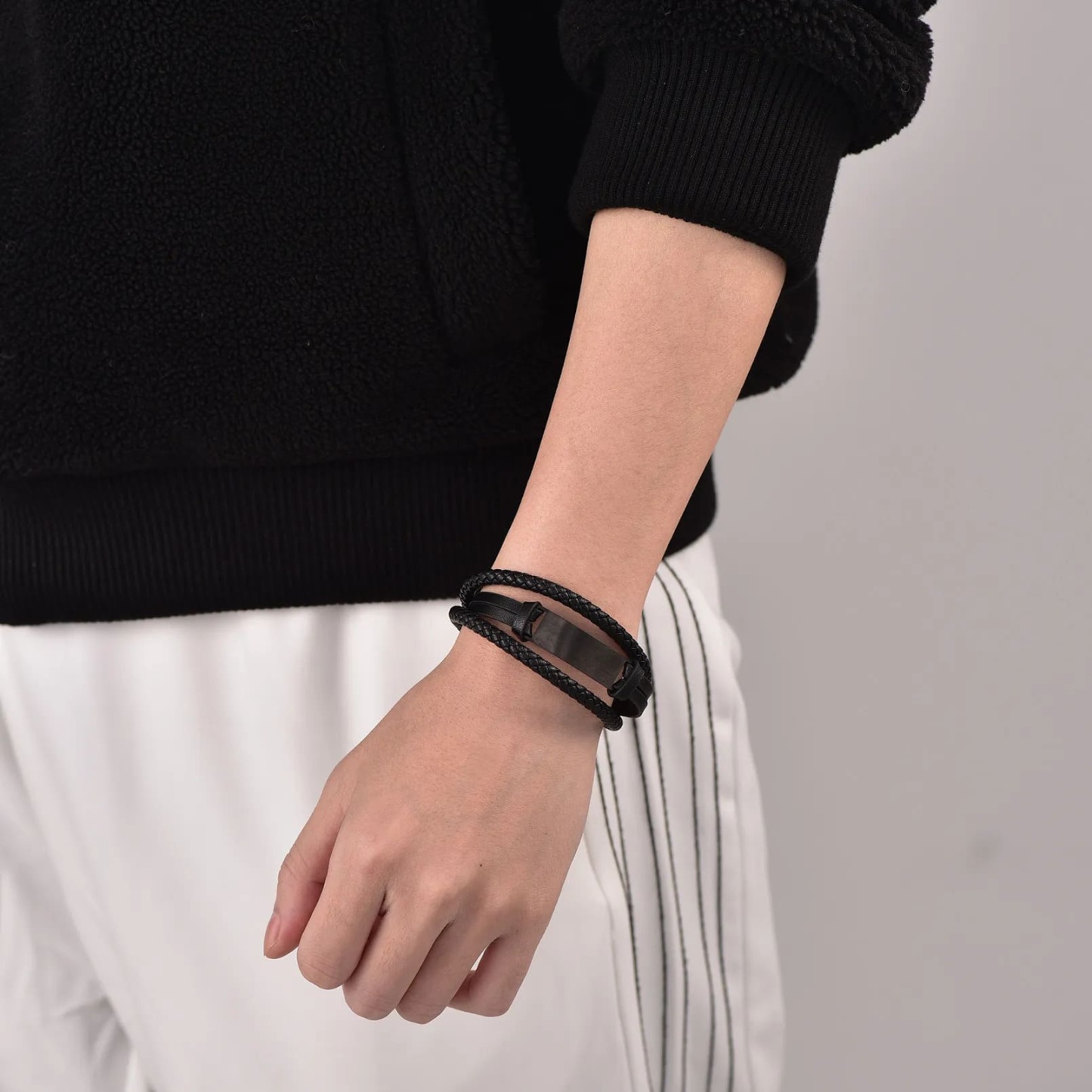 Engraved Black Braided Leather Cord Bracelet for Men