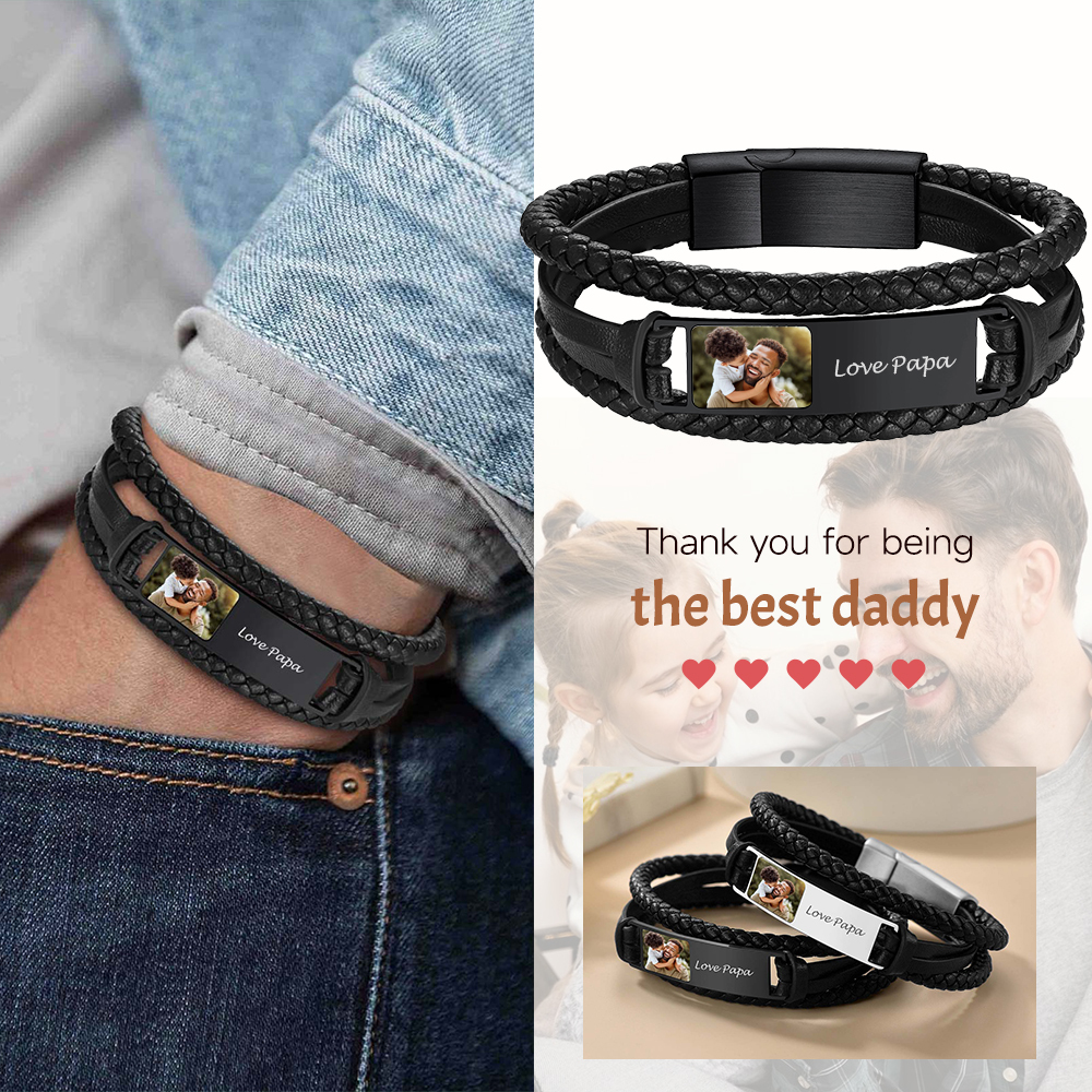 Custom Mens Photo Engraved Leather Bracelet  for Father's Day