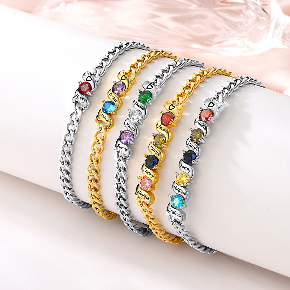 Personalized Family Birthstones Cuban Link Chain Bracelet for Mom