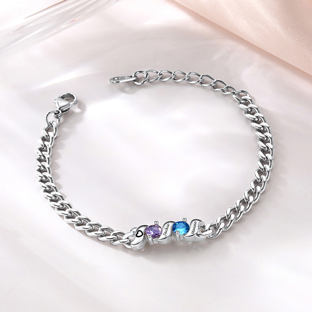 Personalized Family Birthstone Cuban Link Chain Bracelet for Mom silver