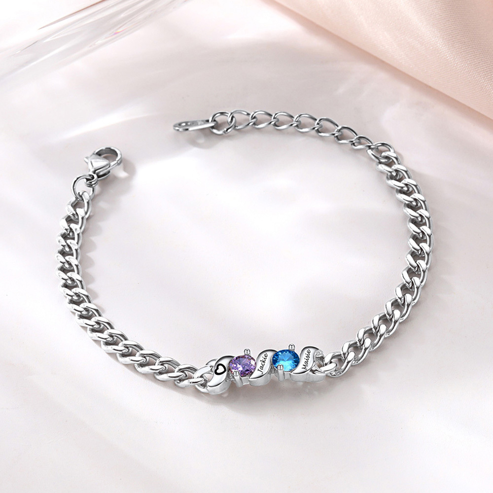 Personalized Family Birthstone Cuban Link Chain Bracelet for Mom silver