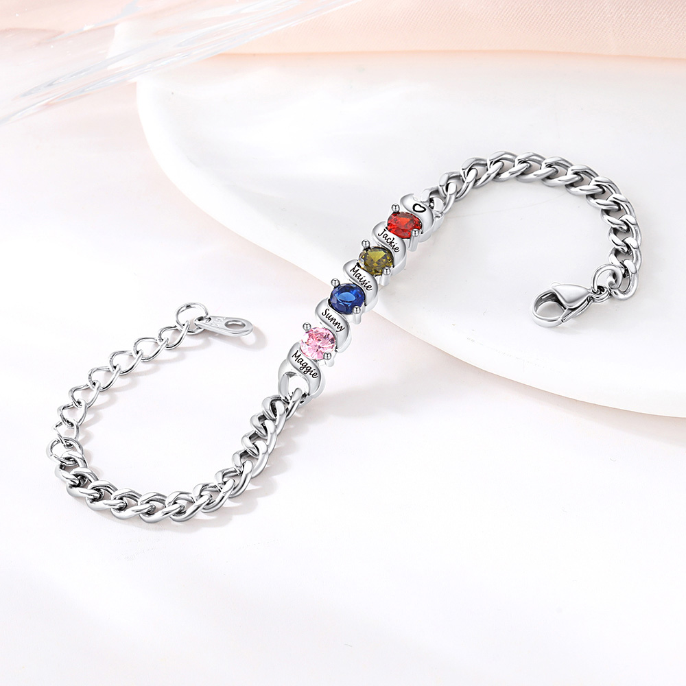 Family Birthstone Cuban Link Chain Bracelet for Mom silver