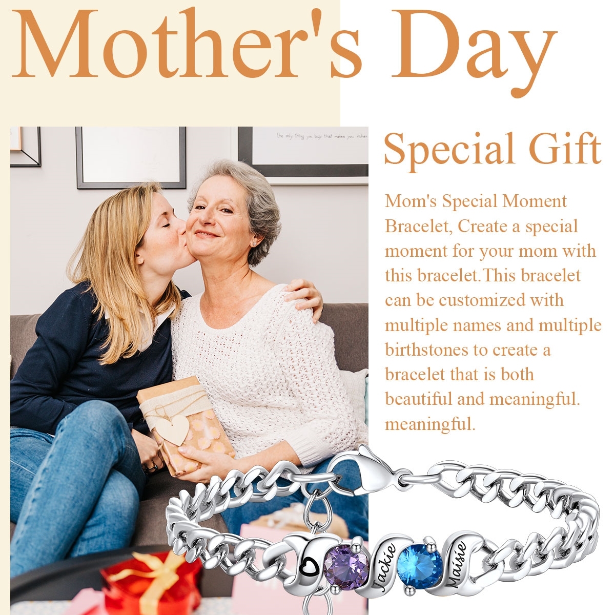 Personalized Family Birthstone Cuban Link Chain Bracelet for Mom mother's day