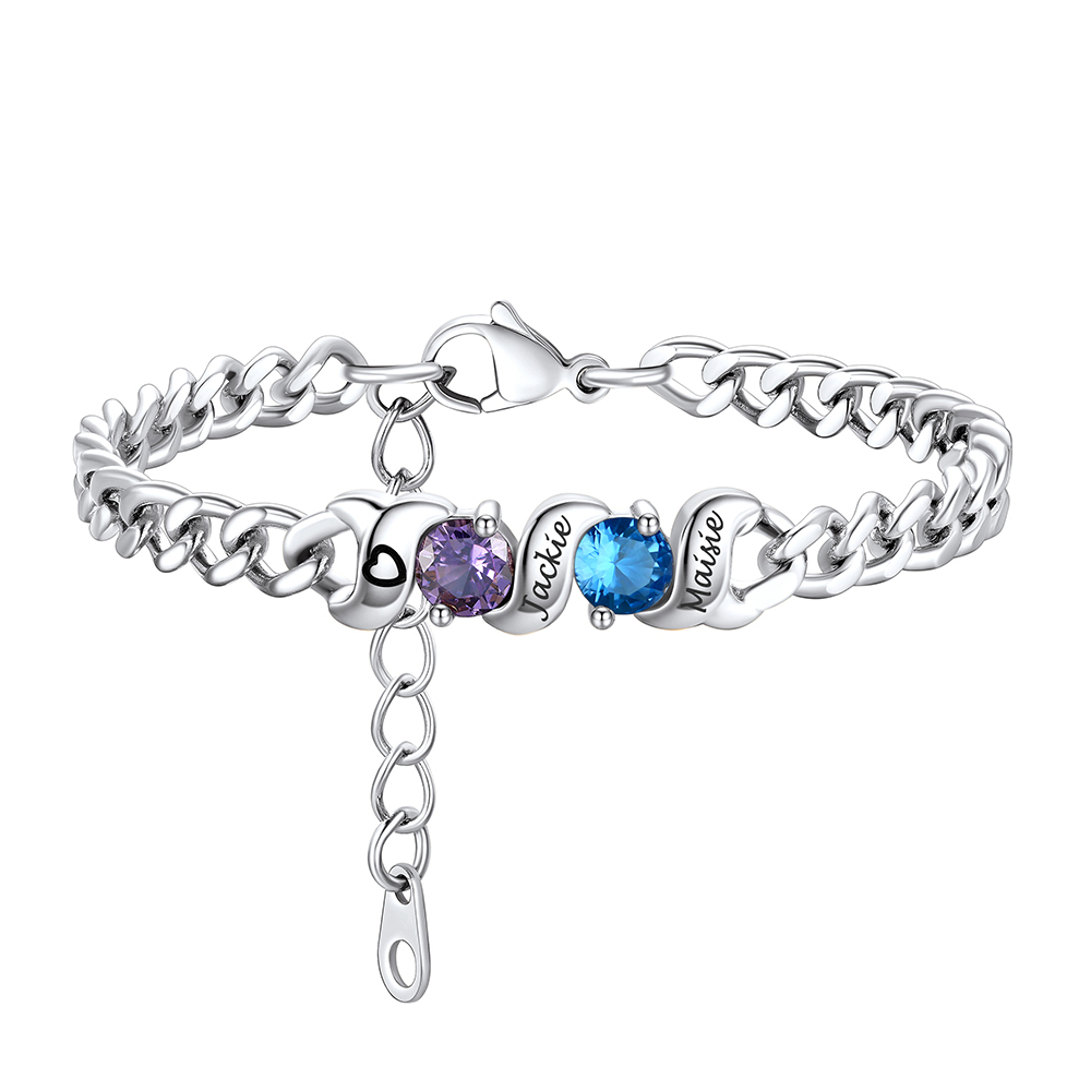 Personalized Family 2 Birthstones Cuban Link Chain Bracelet for Mom silver