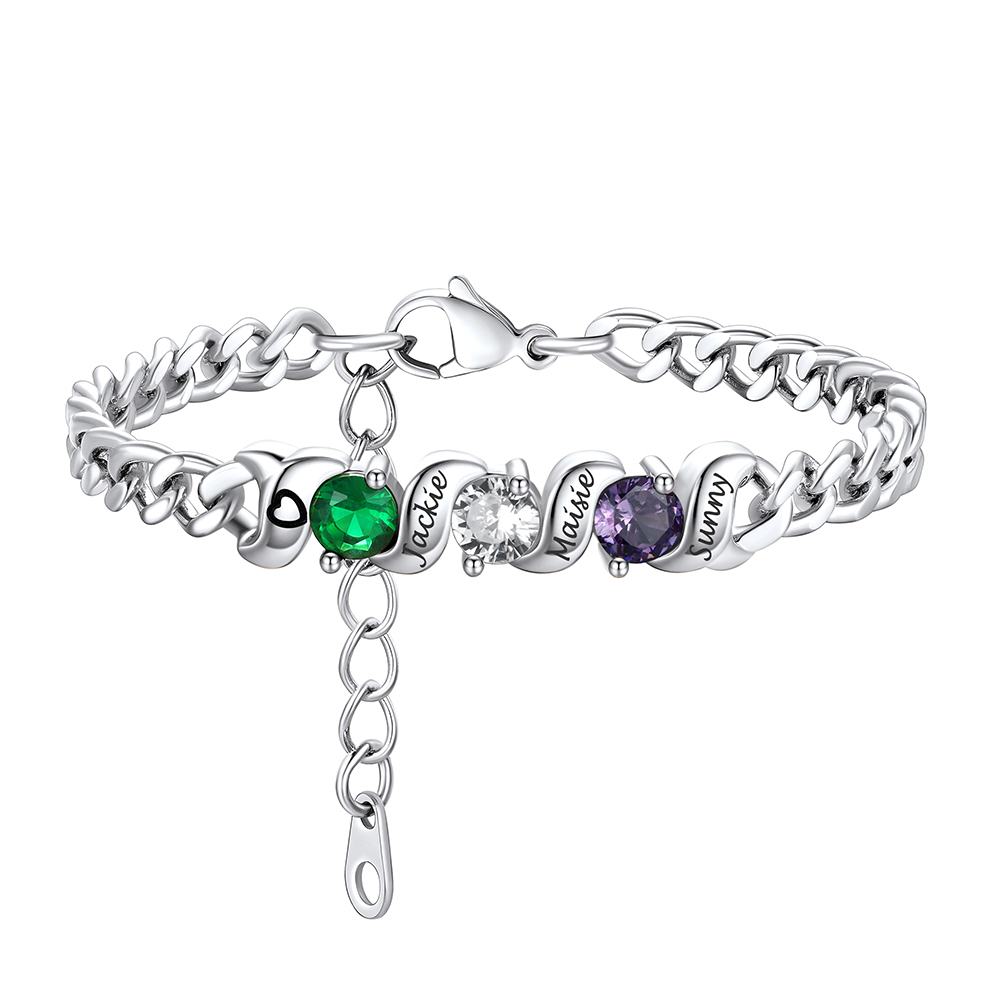 Personalized Family 3 Birthstones Cuban Link Chain Bracelet for Mom silver