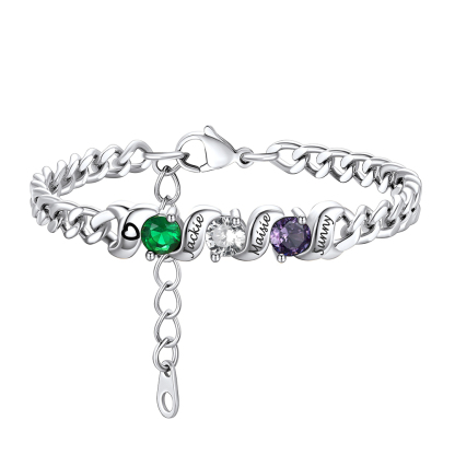 Personalized Family 3 Birthstones Cuban Link Chain Bracelet for Mom silver