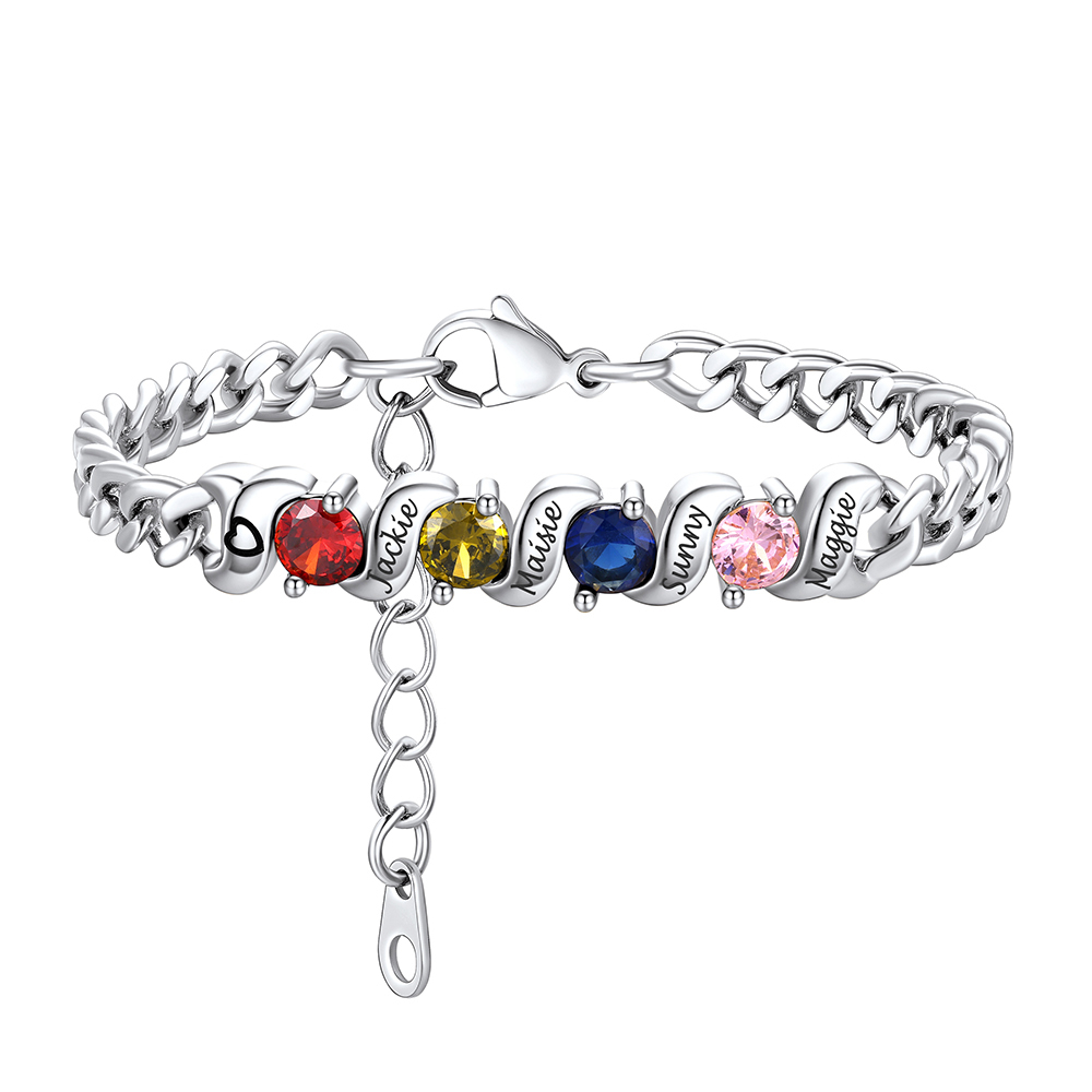 Personalized Family 4 Birthstones Cuban Link Chain Bracelet for Mom silver