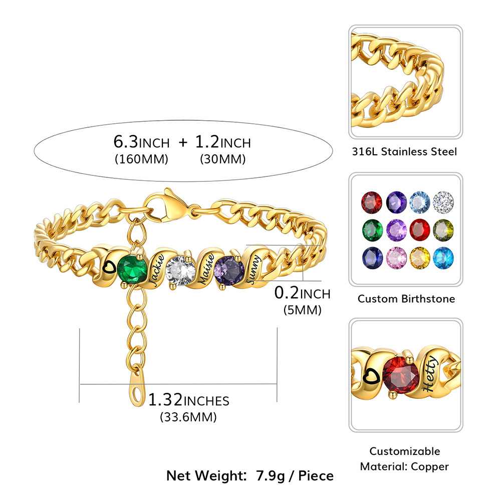 Personalized Family Birthstone Cuban Link Chain Bracelet for Mom detail