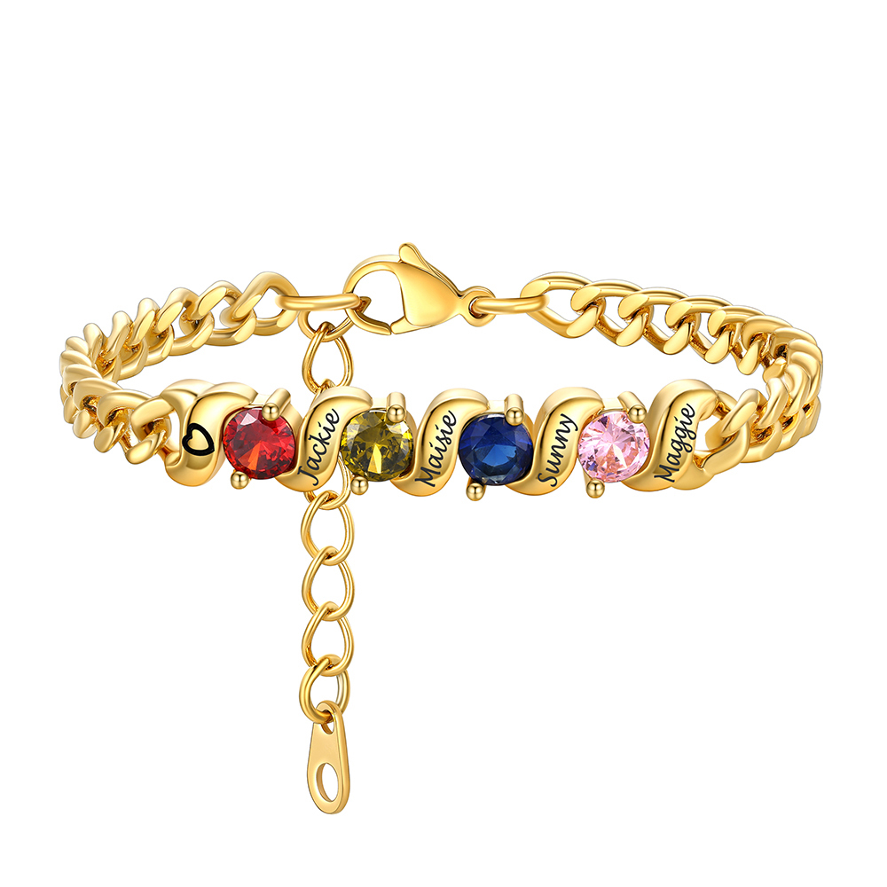 Personalized Family 4 Birthstones Cuban Link Chain Bracelet for Mom Gold