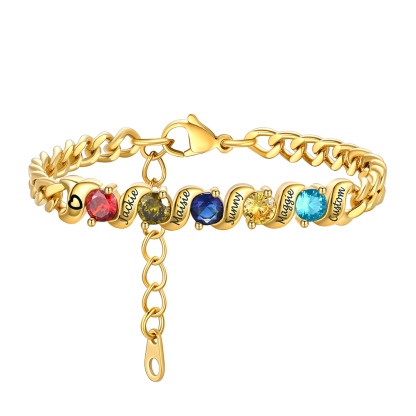 Personalized Family 5 Birthstones Cuban Link Chain Bracelet for Mom Gold
