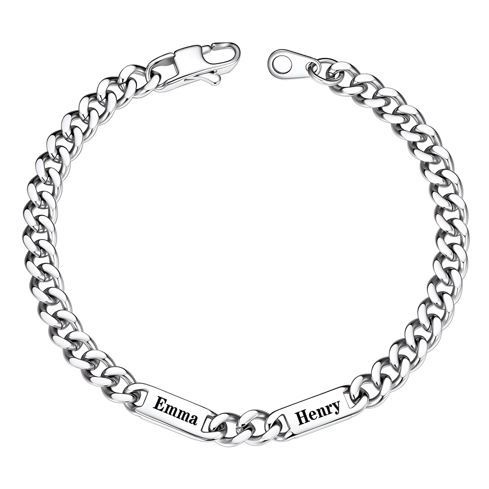 Silver Personalized Multi-Name Cuban Chain Bracelet with 2 Engravable Bars