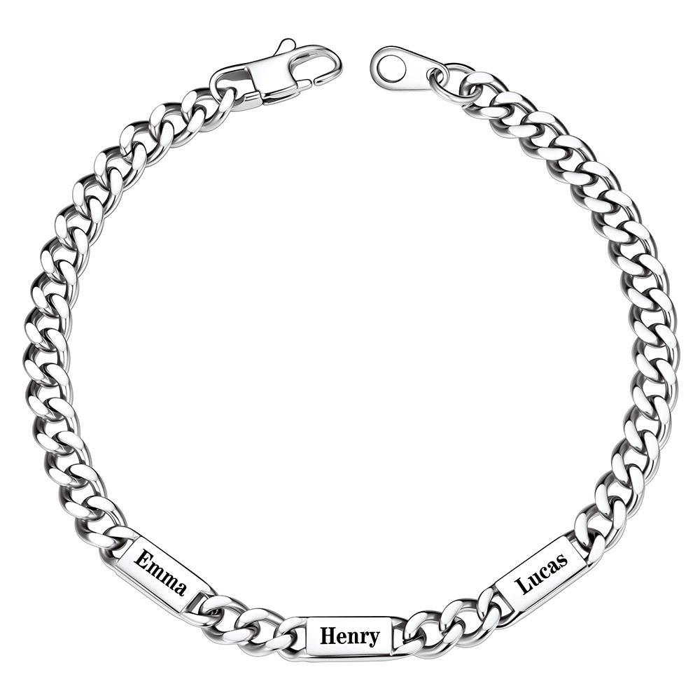Silver Personalized Multi-Name Cuban Chain Bracelet with 3 Engravable Bars