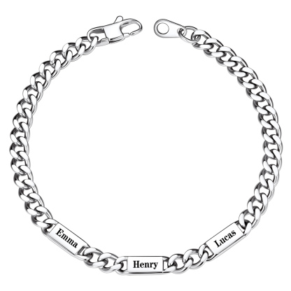 Silver Personalized Multi-Name Cuban Chain Bracelet with 3 Engravable Bars