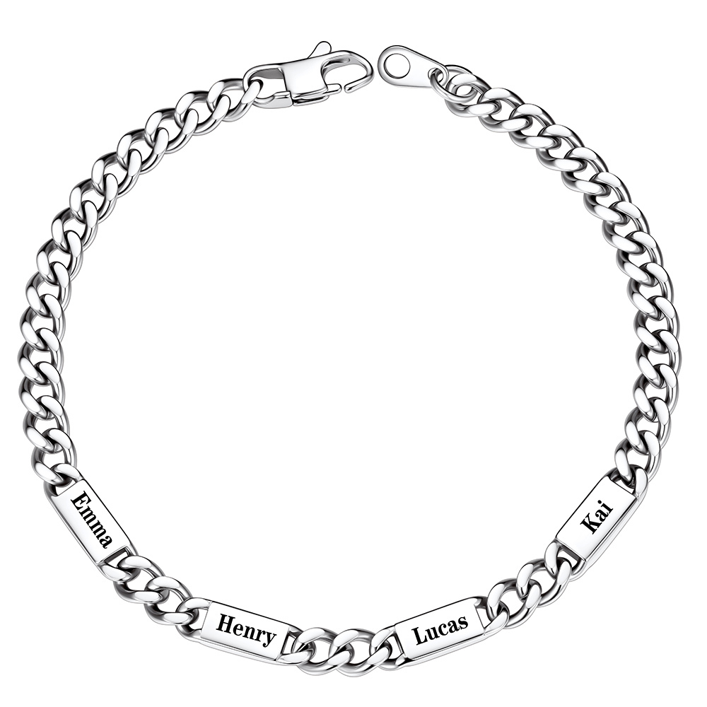 Silver Personalized Multi-Name Cuban Chain Bracelet with 4 Engravable Bars