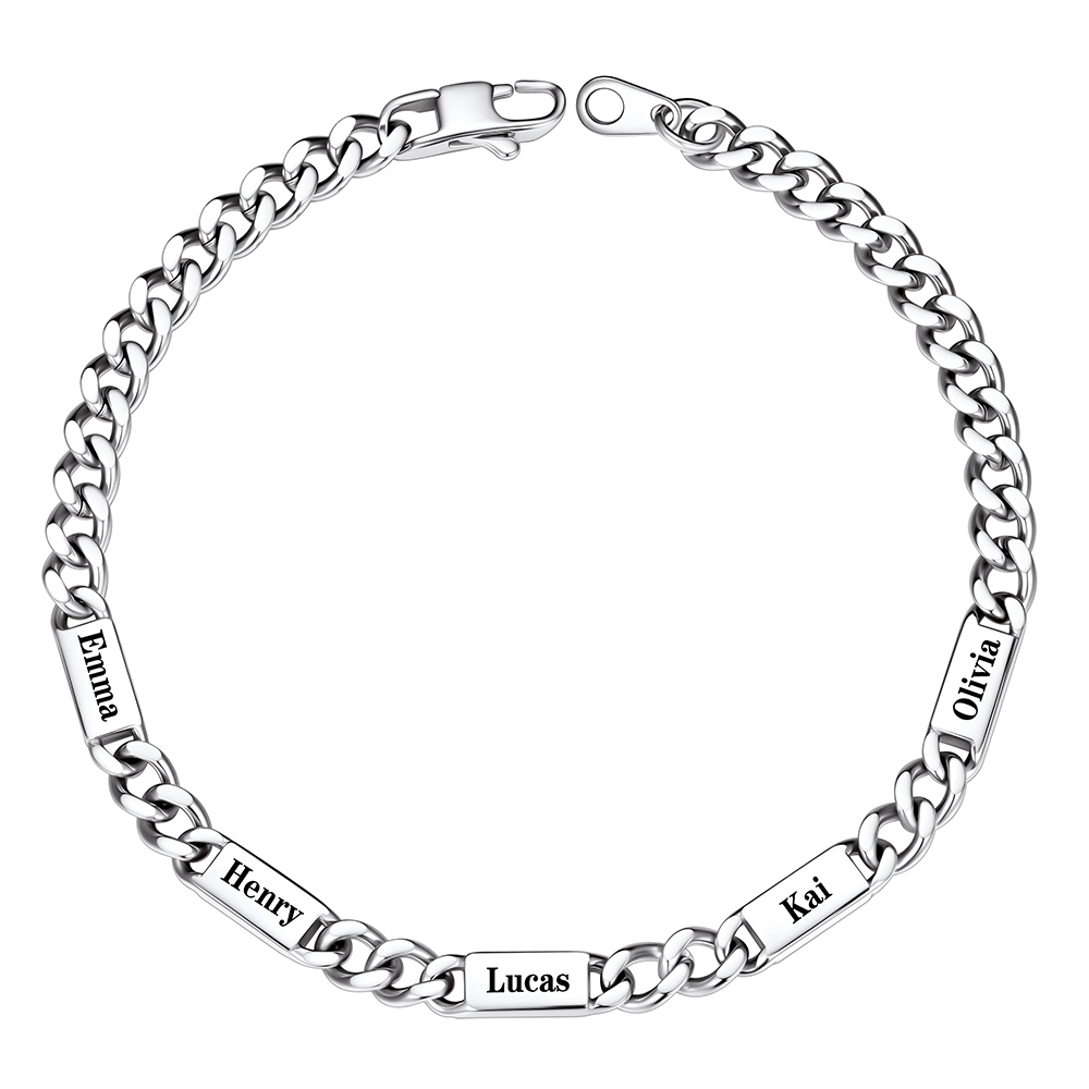 Silver Personalized Multi-Name Cuban Chain Bracelet with 5 Engravable Bars