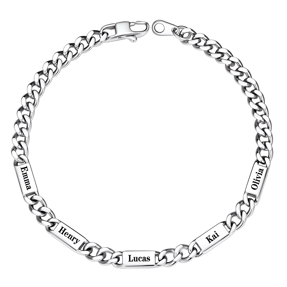 Silver Personalized Multi-Name Cuban Chain Bracelet with 5 Engravable Bars