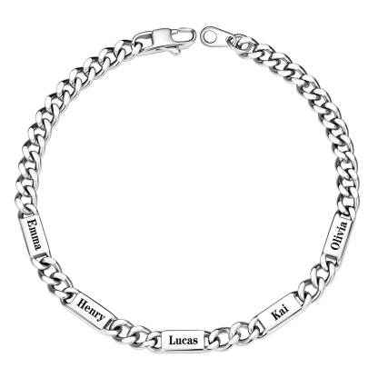 Silver Personalized Multi-Name Cuban Chain Bracelet with 5 Engravable Bars