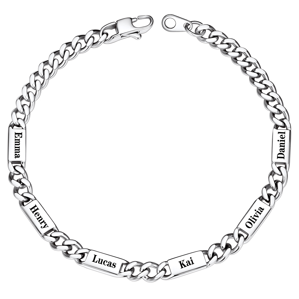 Silver Personalized Multi-Name Cuban Chain Bracelet with 6 Engravable Bars