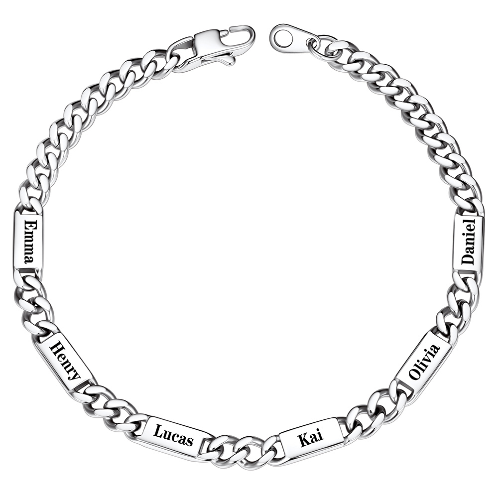 Silver Personalized Multi-Name Cuban Chain Bracelet with 6 Engravable Bars