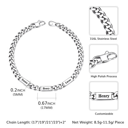 Personalized Multi-Name Cuban Chain Bracelet with Engravable Bars Size Guide