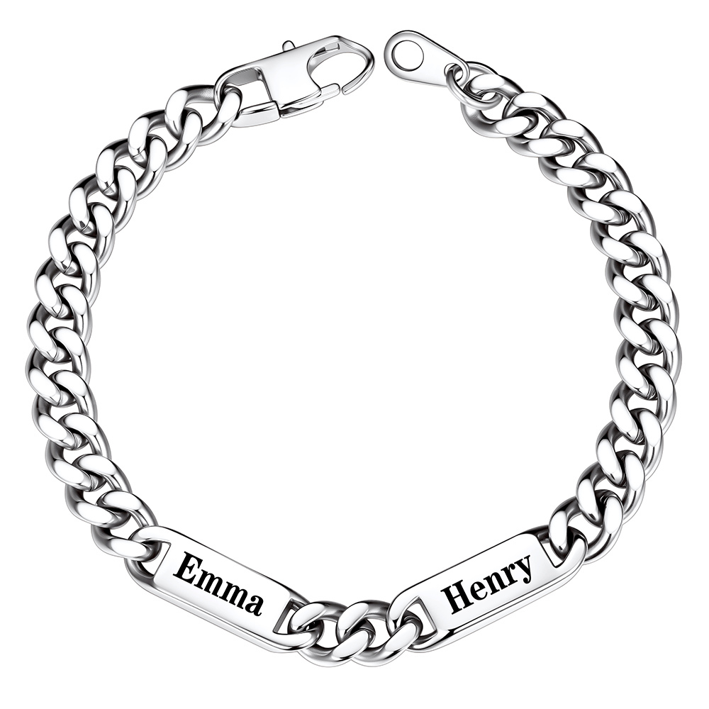 Silver Personalized 2 Name Cuban Chain Bracelet with Engravable Bars