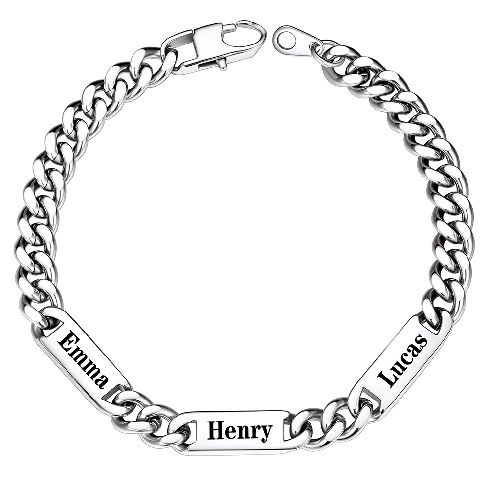 Silver Personalized 3 Name Cuban Chain Bracelet with Engravable Bars