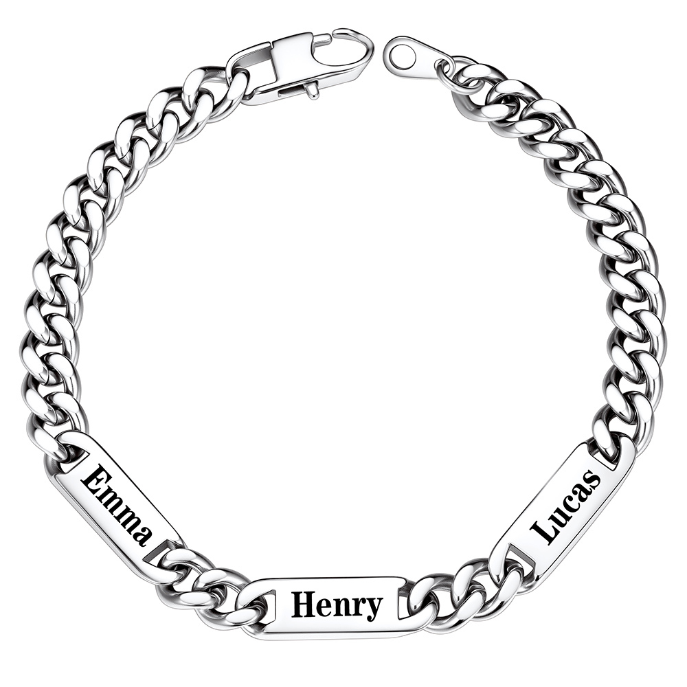 Silver Personalized 3 Name Cuban Chain Bracelet with Engravable Bars