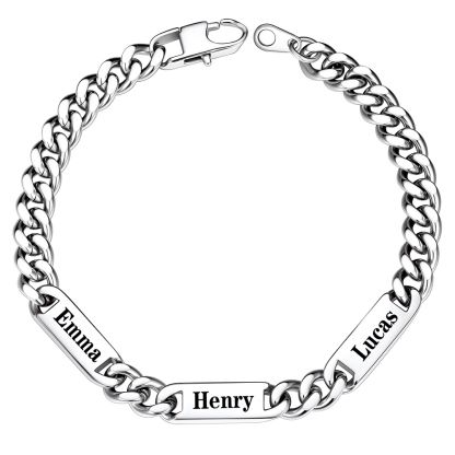 Silver Personalized 3 Name Cuban Chain Bracelet with Engravable Bars
