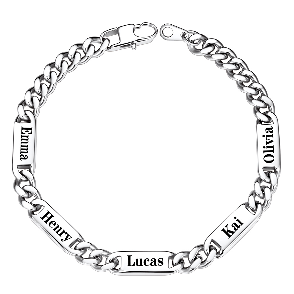 Silver Personalized 5 Name Cuban Chain Bracelet with Engravable Bars