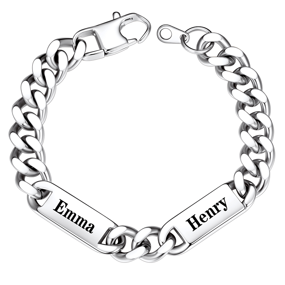 9mm Silver Personalized 2 Names Cuban Chain Bracelet with Engravable Bars